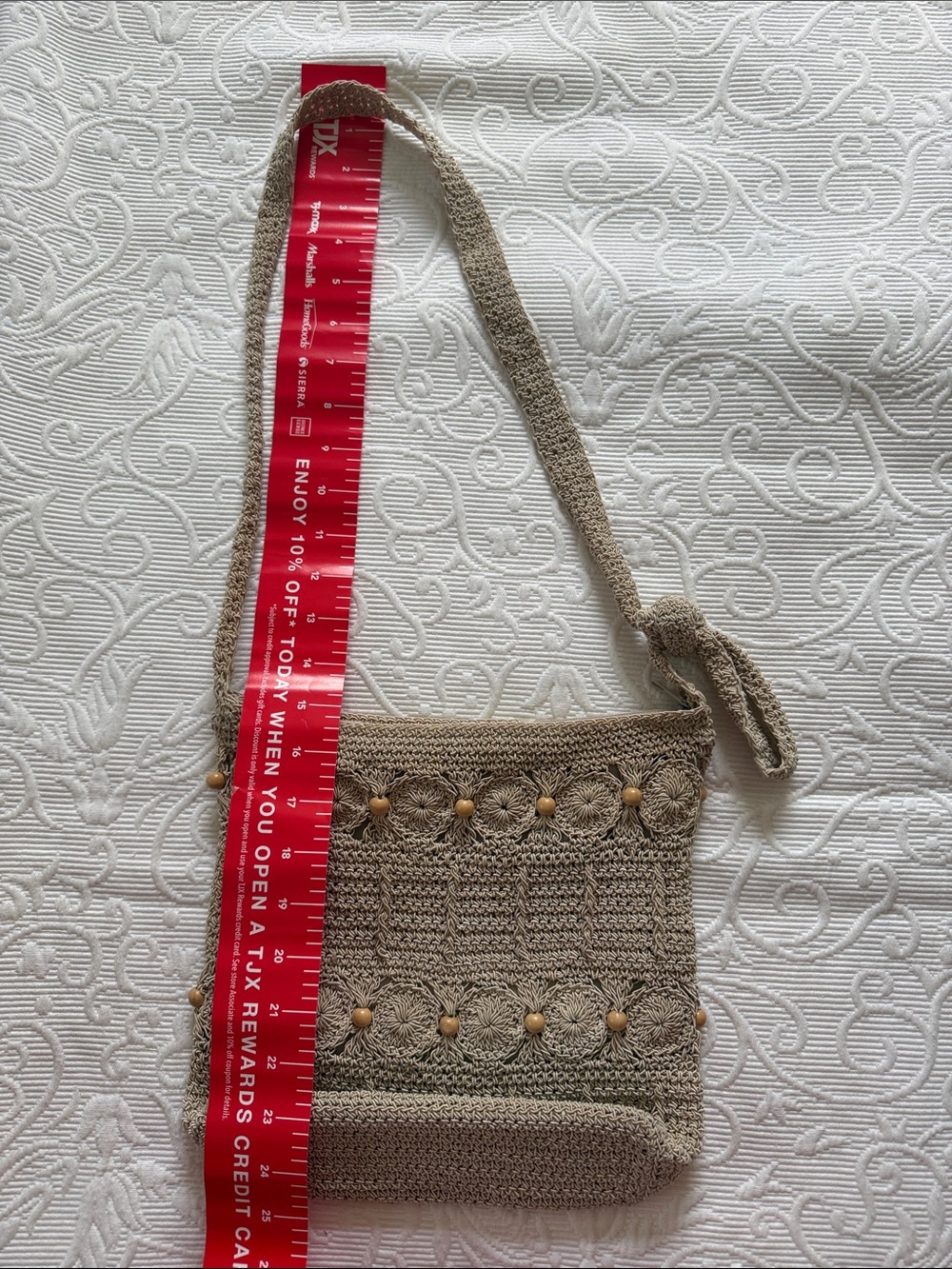 Handcrafted Taupe Crochet Crossbody Bag with Wood Bead Accents - Picture 6 of 7